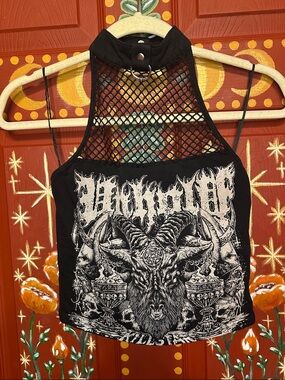 Killstar Black Fishnet Halter Top with Occult Goat Print